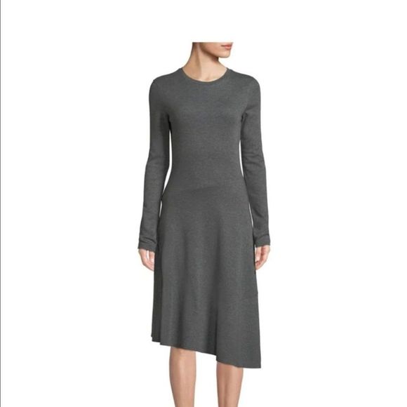 Vince Classic Basic Grey Asymmetrical Long Sleeves Fit Flare Midi Dress Size S - Picture 1 of 11
